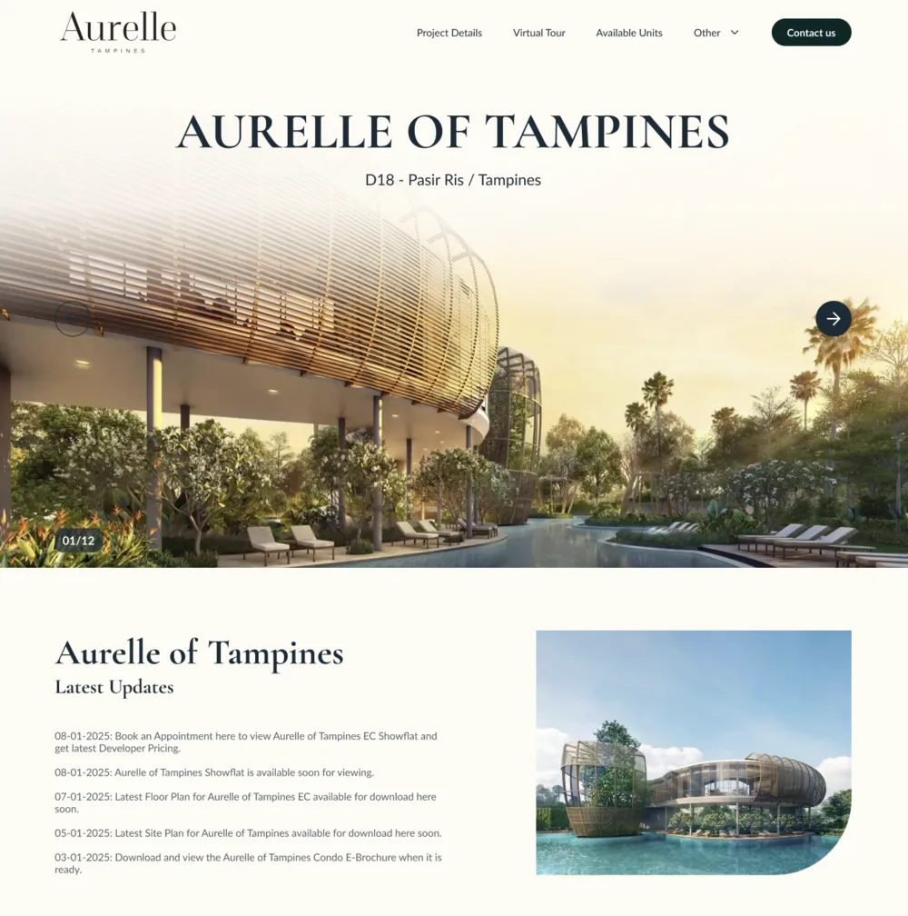 Aurelle of Tampines website built with ProjectSG, with hero photo and latest updates