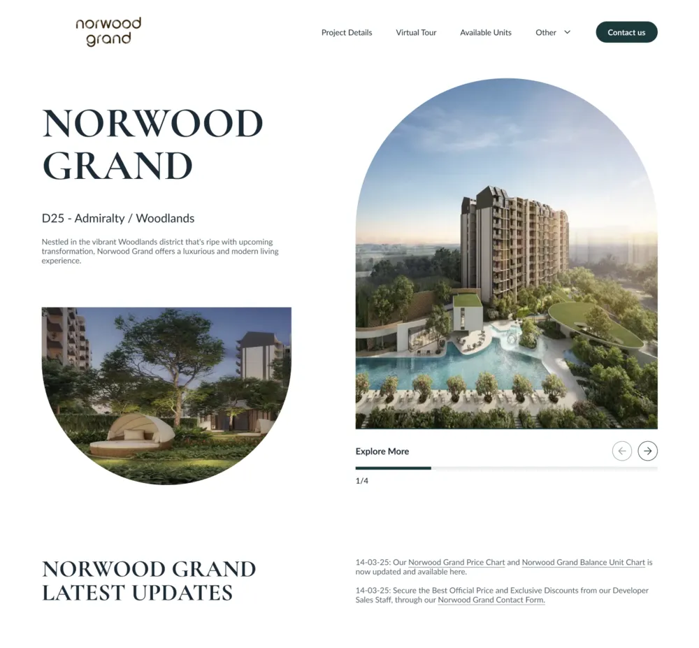 Norwood Grand website built with ProjectSG, with arched photo layout and latest updates