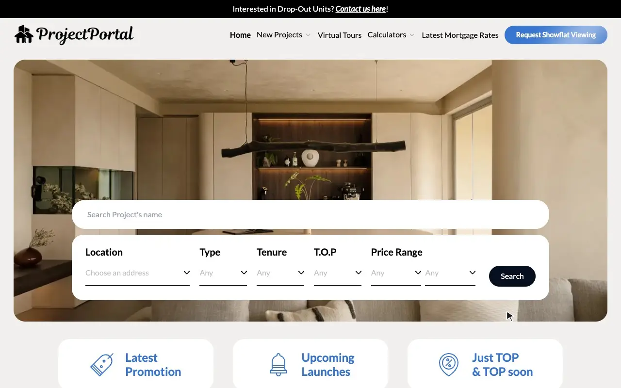 The ProjectPortal new launch directory home page, with a project search and filters for location, type, tenure, TOP and price range