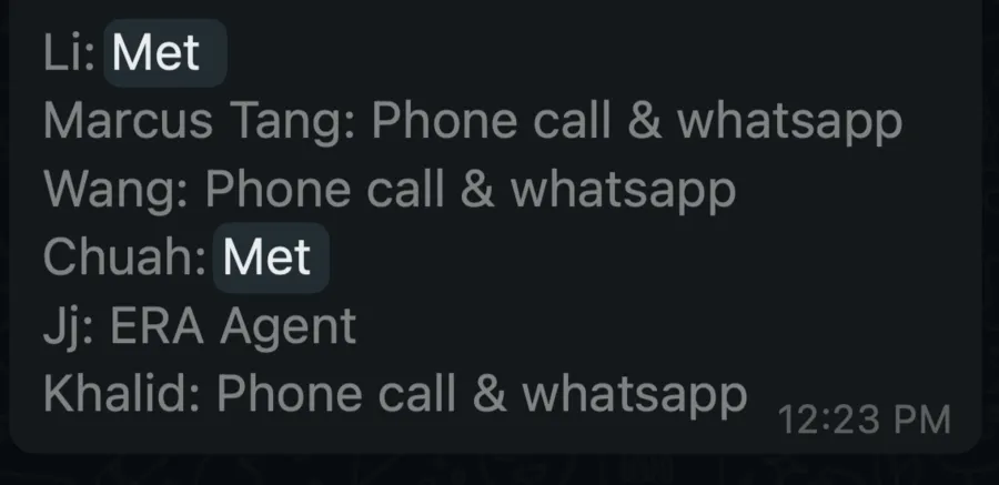 Team update listing leads met in person or followed up by phone and WhatsApp
