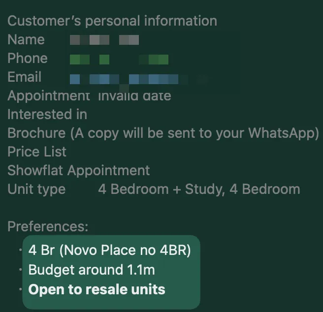 Lead preferences: 4-bedroom at Novo Place, budget around 1.1m, open to resale units