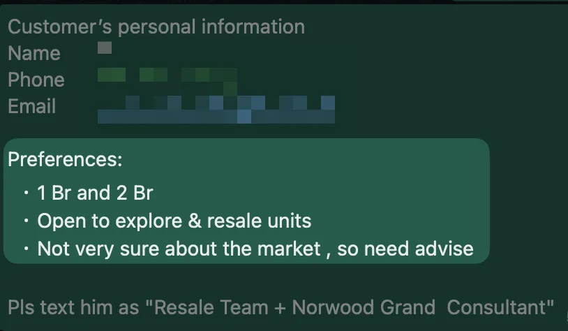 Lead preferences: 1 and 2 bedroom, open to resale units, wants advice on the market