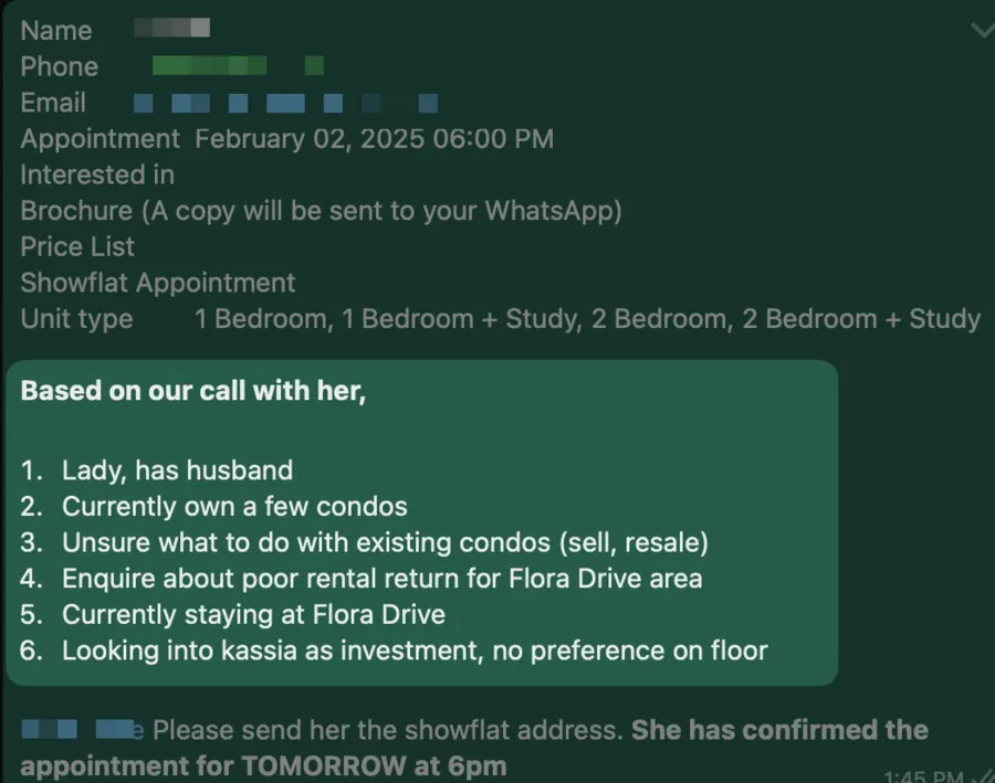 Lead notes after a call: owns a few condos, looking into Kassia as an investment; showflat appointment confirmed for tomorrow at 6pm